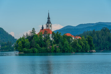 Fototapeta na wymiar Assumption of Maria church at lake Bled in Slovenia