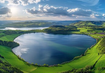 a large body of water surrounded by green fields - Powered by Adobe