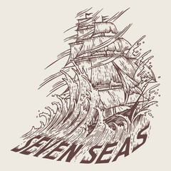 Hand-drawn vector illustration of antique sailboat in turbulent waters. Editable design for printing on t-shirts, posters, etc.