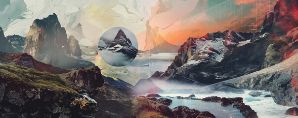 Surreal Landscape Collage of Vibrant Peaks and River - obrazy, fototapety, plakaty