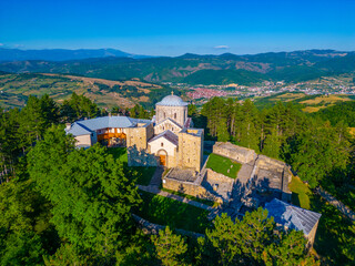 Djurdjevi Stupovi monastery in Serbia during a sunny day - obrazy, fototapety, plakaty