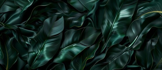 abstract dark black and green background with flowing leaves, monochromatic, Textures of abstract black leaves for tropical leaf