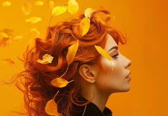 Fototapeta na wymiar a woman with orange hair and leaves flying in the air