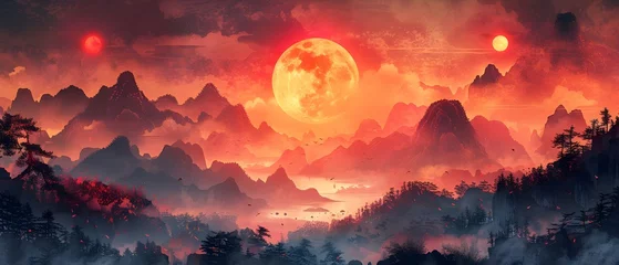 Zelfklevend Fotobehang Surreal Crimson Moonrise Over Misty Peaks. Concept Landscape Photography, Nature Scenes, Skyline Silhouettes, Moon Phenomena © Ян Заболотний