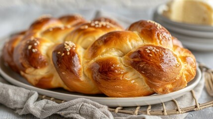 Golden braided Challah bread with sesame seeds served on a rustic dish