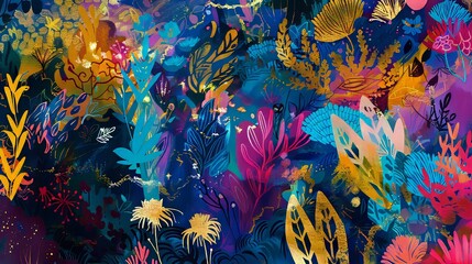 Abstract illustration of a whimsical wilderness, where fantastical flora and fauna intertwine in a riot of colors and textures, accented with touches of radiant gold, ideal for vibrant murals.