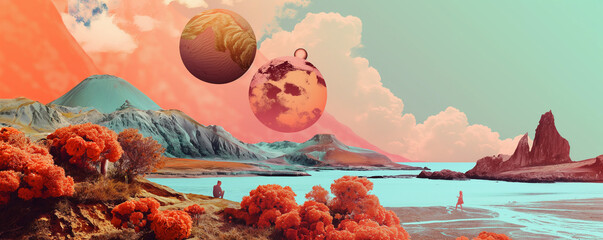 Surreal Extraterrestrial Landscape with Vibrant Colors and Planetary Objects