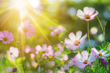 Pink Cosmos Flower in Spring with beautiful Bokeh effect 