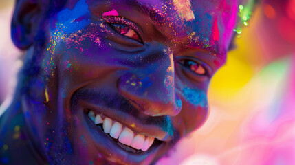 Cheerful african american man at the festival of colors Holi, Close-up of a man smiling joyfully, covered in vivid colors during Holi festival celebrations.
