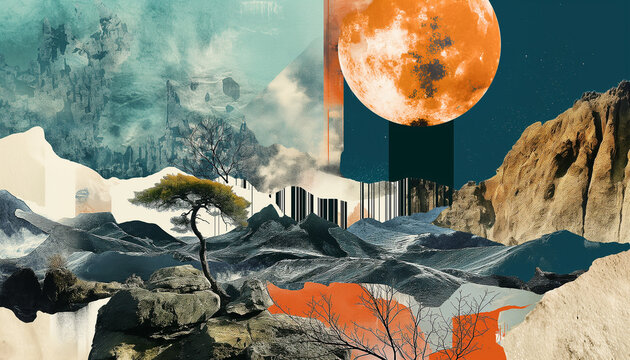 Surreal Collage Art of a Lonely Tree in a Mountainous Dreamscape