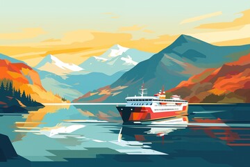 Voyage through the fjords, modern ferry amidst majestic mountains in autumn, illustration - 780039911