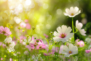 White Cosmos Flower in Spring with beautiful Bokeh effect 