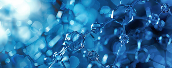 Molecular Structure in Blue Abstract. A close-up of a molecular model in shades of blue, reflecting scientific concepts and research, with a soft focus bokeh light background.