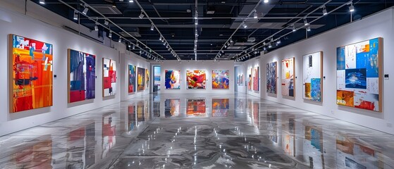 Vibrant Art Exhibition: A Symphony of Minimalist Hues and Reflections. Concept Art Exhibition, Vibrant Colors, Minimalist Style, Reflections, Symphony of Hues - obrazy, fototapety, plakaty