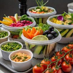 A detailed view of a tray filled with an assortment of vibrant salads 