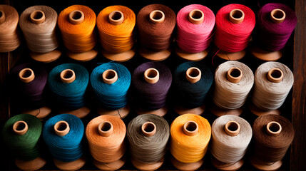Multicolored yarn spools used in textile industry. Set of colored threads for sewing on coils. Pile of big colorful spools of thread. Colored thread spools of thread large class, textiles, background.