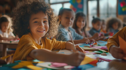 A diverse group of happy children sitting at a table in art class, painting and creating with paper collage and craft materials.