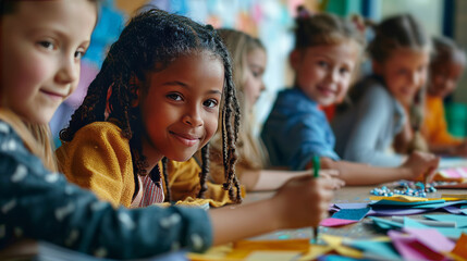 A diverse group of happy children sitting at a table in art class, painting and creating with paper collage and craft materials.