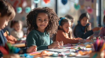 A diverse group of happy children sitting at a table in art class, painting and creating with paper collage and craft materials. - obrazy, fototapety, plakaty