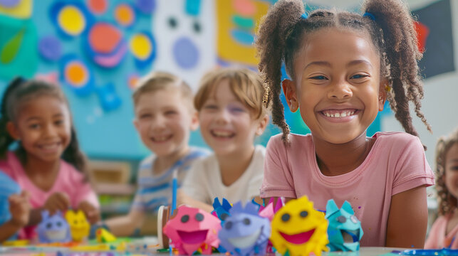 A diverse group of happy children sitting at a table in art class, painting and creating with paper collage and craft materials.