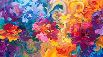 Abstract oil painting illustration featuring a symphony of colorful flowers dancing across the canvas, with vibrant petals and swirling leaves. Incorporate shades of gold for a touch of elegance.