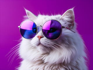 Portrait of a white fluffy cat wearing round sunglasses. Luxurious domestic kitty in glasses poses on pink background wall.