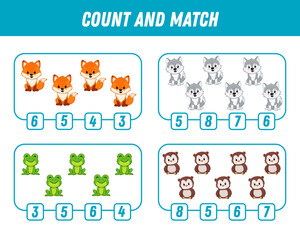 Education game for children count and match of cute cartoon animals, printable worksheet. Funny fox, wolf, frog, owl.