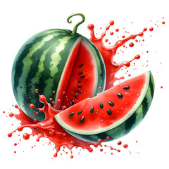 Watermelon with juice splashes watercolor illustration