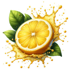 Lemon in juice splash watercolor illustration
