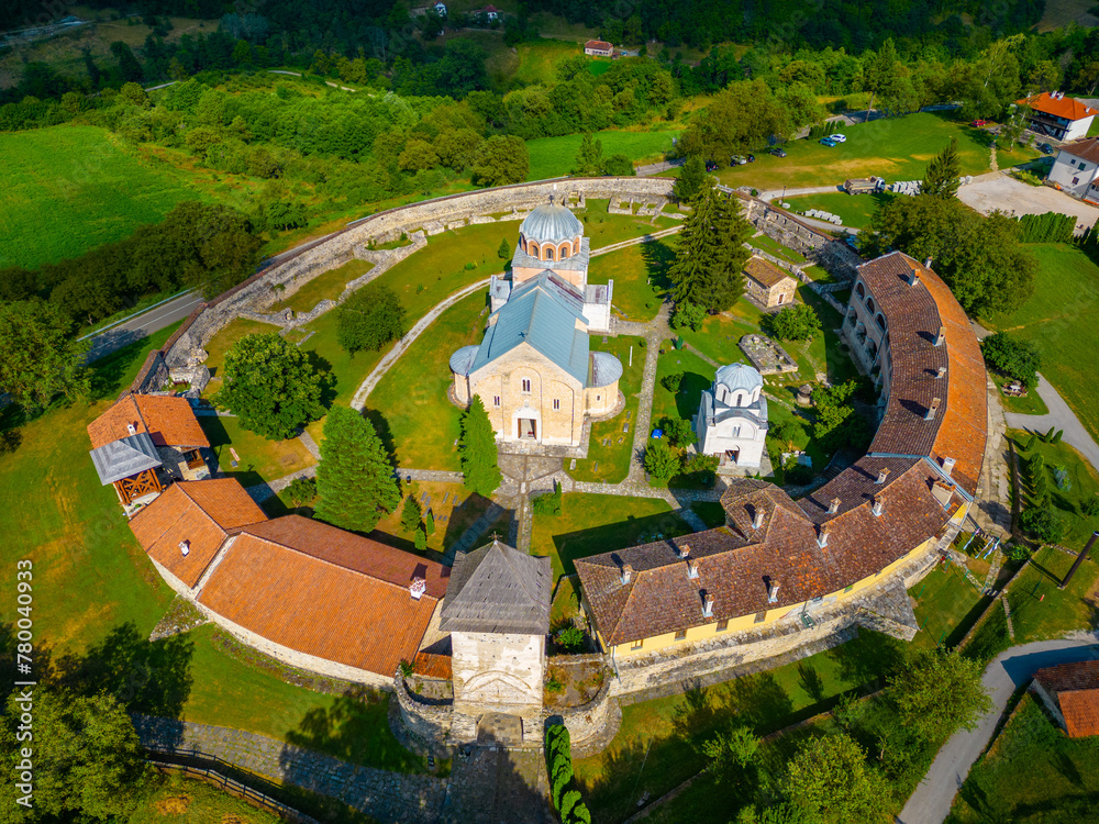 Wall mural studenica monastery during a sunny day in serbia