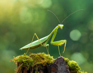 Praying mantis (Mantis religiosa) on blurred green background in the forest