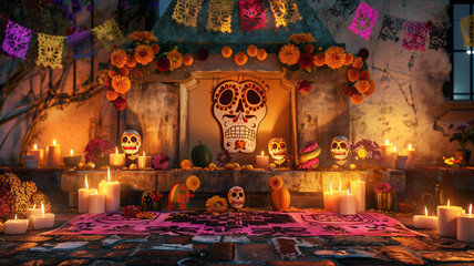 Decorated altar with candles and skulls
