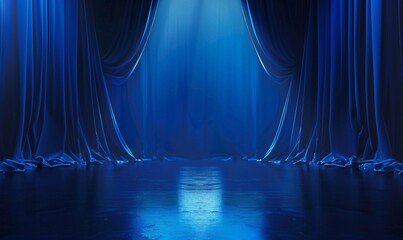 a stage with blue curtains and a blue light