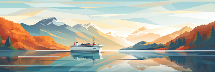 Cruise ship sailing through a tranquil fjord at dusk illustration - 780041356