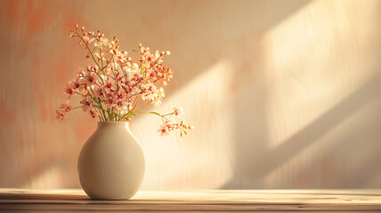 White vase with pink flowers on wooden table - Powered by Adobe