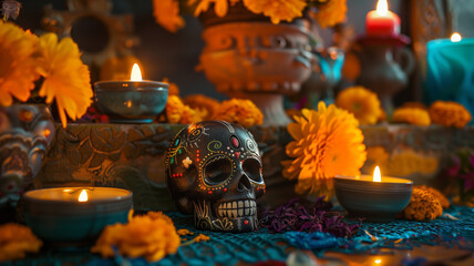 Obraz na płótnie Canvas Table adorned with candles and skull