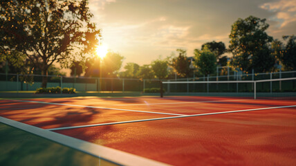 Tennis court with setting sun - obrazy, fototapety, plakaty