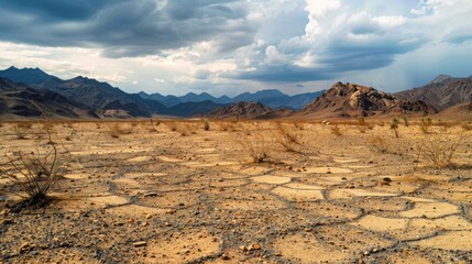 Arid desert landscape with cracked earth and distant mountains under cloudy sky