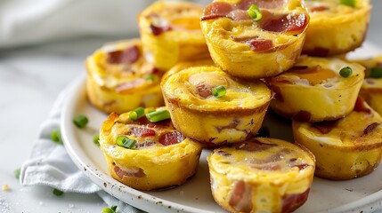 Close-up of egg dumplings with bacon and chopped chives stacked on a marble table. Fitness cupcakes with healthy ingredients for dessert. - obrazy, fototapety, plakaty