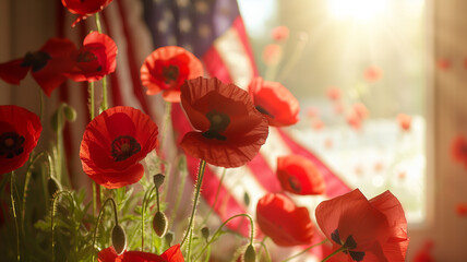 Red poppies in vase next to american flag