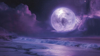 Surreal Moonlit Beach with Full Moon and Purple Sky
