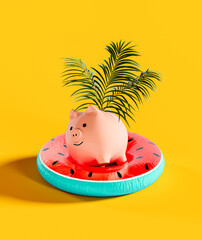 Piggy bank with Watermelon inflatable rubber ring on vibrant yellow background. Savings for summer vacation. 3D Rendering, 3D Illustration	 - 780041978