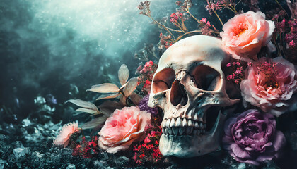 A human skull underwater surrounded by roses and lush flowers. Halloween concept. Vintage tone	 - obrazy, fototapety, plakaty