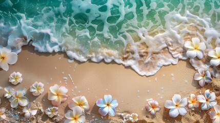 Fototapeta na wymiar Aerial View of Beach With Flowers on Sand