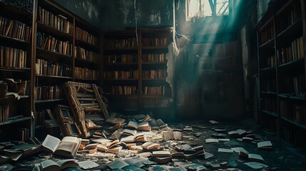 Shadows of Silence: Abandoned Book Haven./n - obrazy, fototapety, plakaty