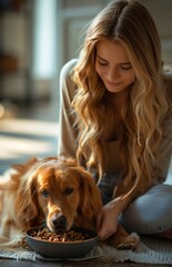 Woman sits on floor, side view, feeding her golden retriever with a bowl of food.
