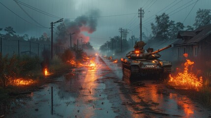 A tank drives down a street alongside a lush forest, showcasing the powerful presence of the military vehicle in a natural setting.