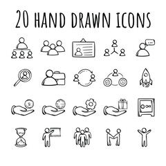 Set of vector editable hand-drawn icons related to business, management, recruitment, teamwork