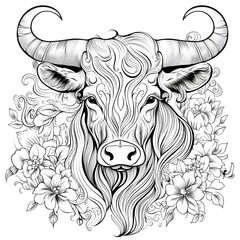 Bull head with flowers, ornament, black and white line art, coloring book
