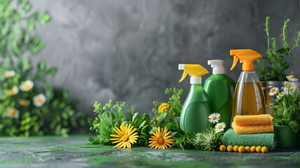 Photo of a range of eco-friendly cleaning products in a pristine setting